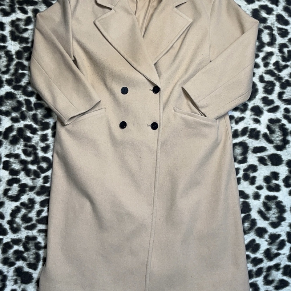 Zara Double-Breasted Wool-Blend Longline Coat Women M Cream Midi